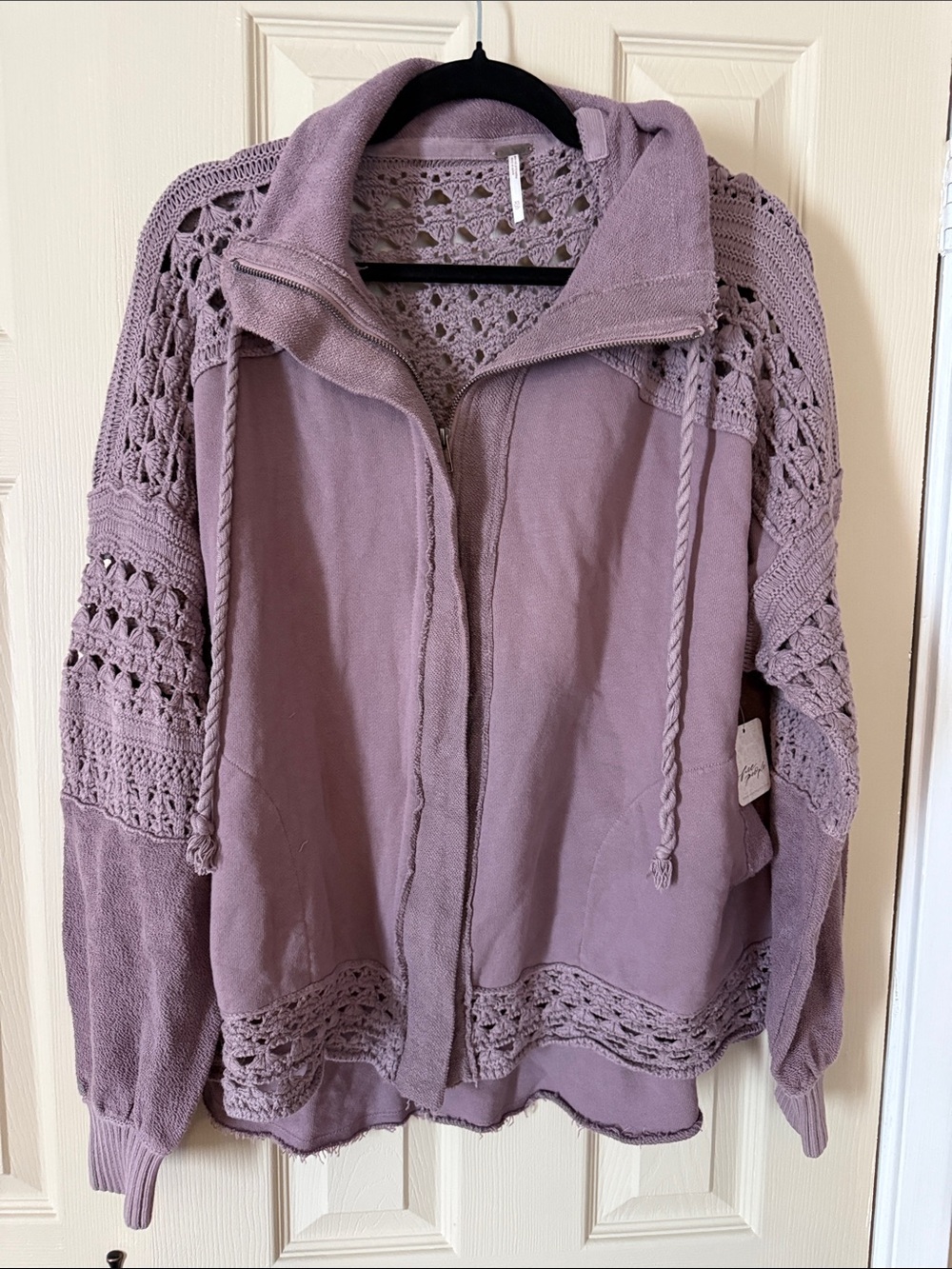 NWT  xs Free people zipper sweater jacket  Lavender Crochet Accent Zip-Up
